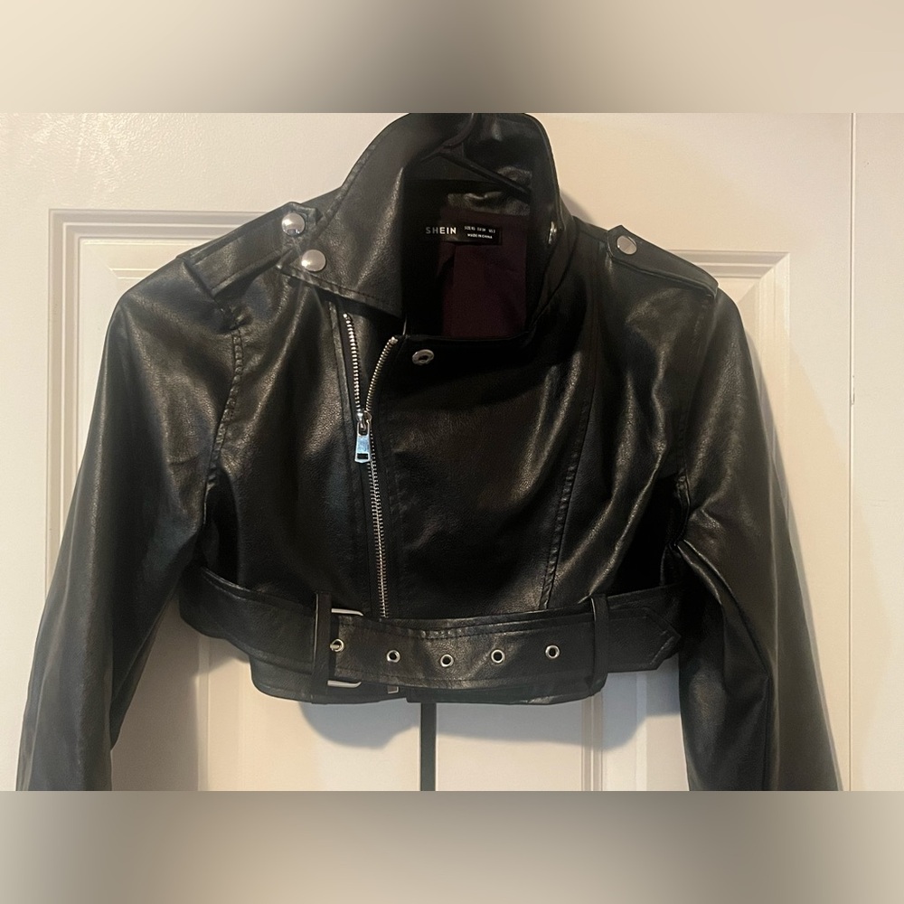 SHEIN Faux Leather Cropped Biker Jacket Black XS Belted Moto Style